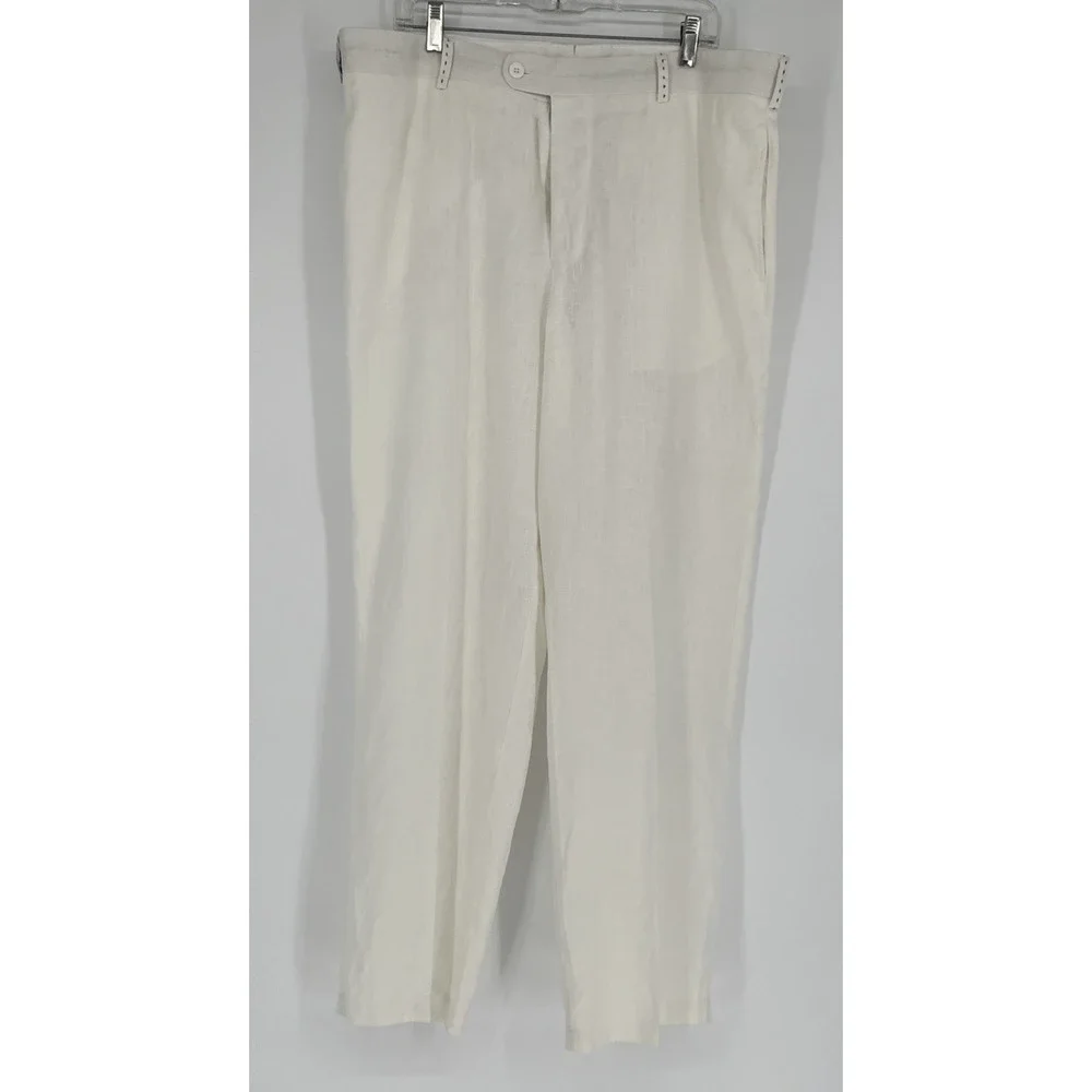 Mens Trouser Pant Linen Ivory Flat Front Sz 38 Black Stitch Detail Beach Wedding